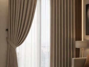 THERMAL CURTAINS Premium thermal curtain fabric shown in a stylish modern window setting, thick elegant material, sophisticated Riyadh home, realistic fabric detail.