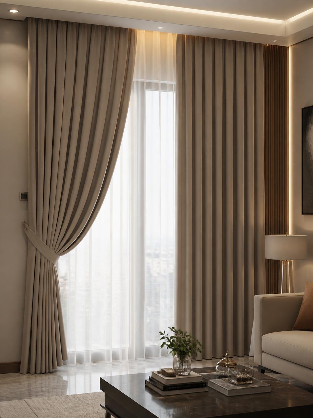 THERMAL CURTAINS Premium thermal curtain fabric shown in a stylish modern window setting, thick elegant material, sophisticated Riyadh home, realistic fabric detail.